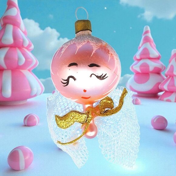 Vintage Pink Glass Angel Ornament • 1960s Japan • White Frosted Hair • Sleepy Ey - Picture 1 of 9